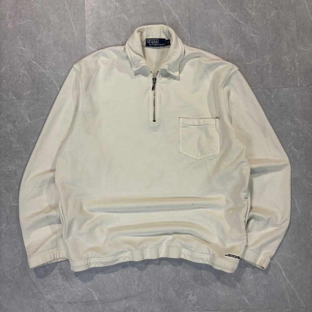 Polo Ralph Lauren Mens Quarter Zip Sweatshirt Cream Off White Small Pocket Logo